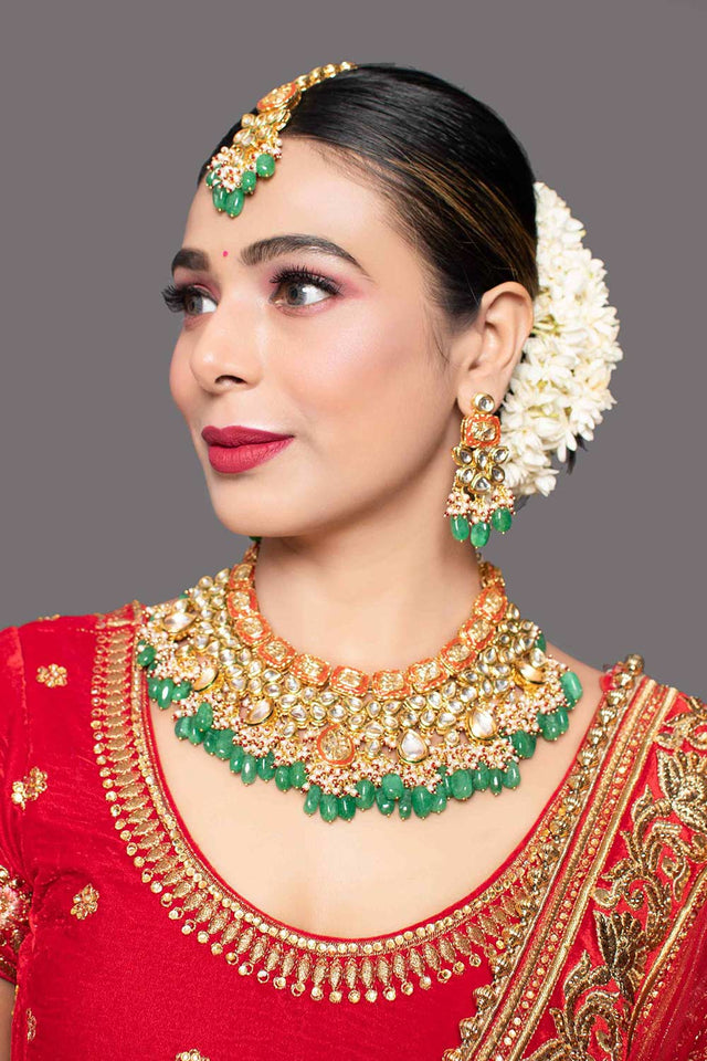 Green Red Gold Toned Handcrafted Kundan Necklace Sets With Maang Tikka (FEMBD003)