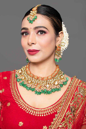 Green Red Gold Toned Handcrafted Kundan Necklace Sets With Maang Tikka (FEMBD003)