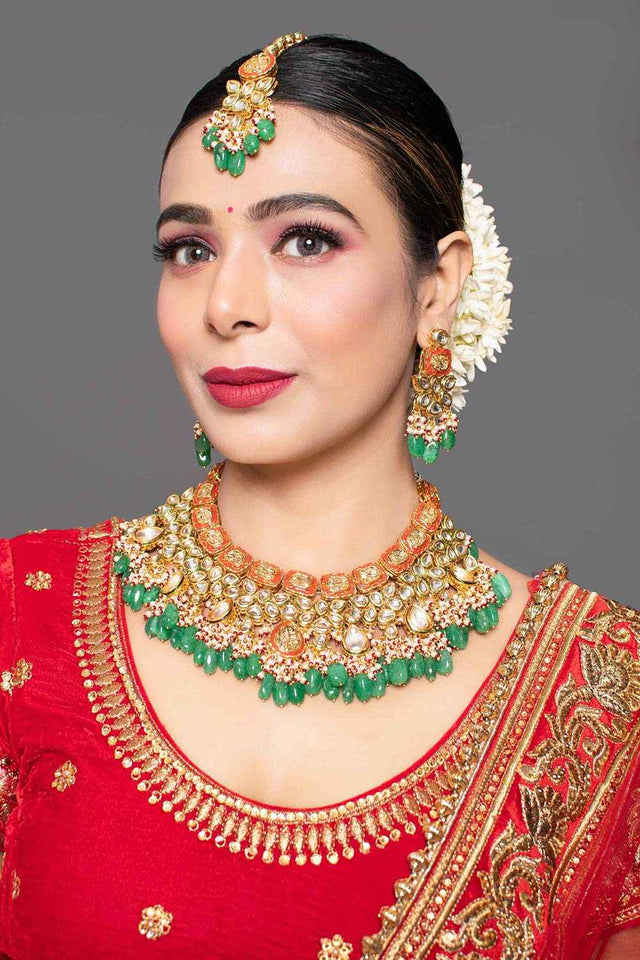 Green Red Gold Toned Handcrafted Kundan Necklace Sets With Maang Tikka (FEMBD003)
