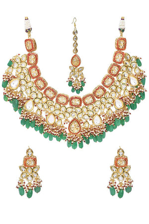 Green Red Gold Toned Handcrafted Kundan Necklace Sets With Maang Tikka (FEMBD003)