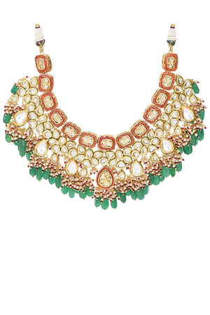 Green Red Gold Toned Handcrafted Kundan Necklace Sets With Maang Tikka (FEMBD003)