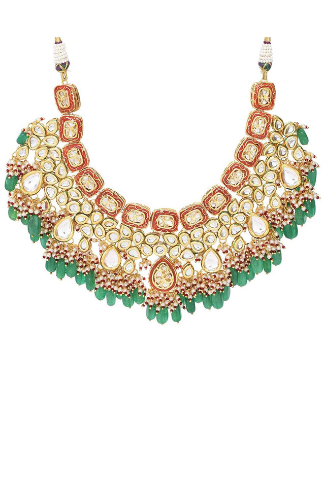 Green Red Gold Toned Handcrafted Kundan Necklace Sets With Maang Tikka (FEMBD003)