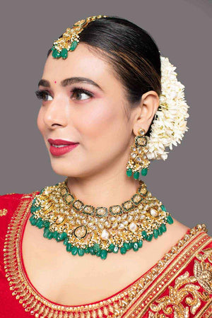 Green Gold Tone Kundan Enameled  Necklace Sets With Maang Tikka (FEMBD004)