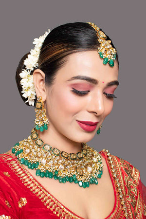 Green Gold Tone Kundan Enameled  Necklace Sets With Maang Tikka (FEMBD004)