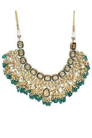 Green Gold Tone Kundan Enameled  Necklace Sets With Maang Tikka (FEMBD004)