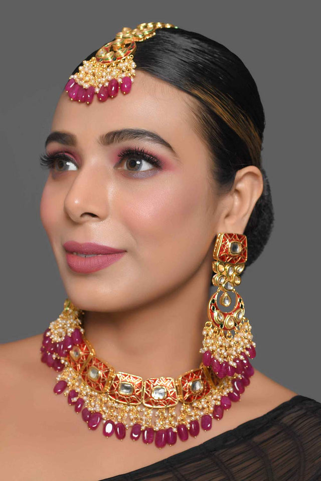 Kundan Inspired Mahroon Enameled Necklace Sets With Maang Tikka (FEMBD006)