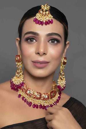 Kundan Inspired Mahroon Enameled Necklace Sets With Maang Tikka (FEMBD006)