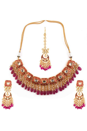Kundan Inspired Mahroon Enameled Necklace Sets With Maang Tikka (FEMBD006)