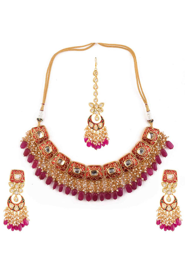 Kundan Inspired Mahroon Enameled Necklace Sets With Maang Tikka (FEMBD006)