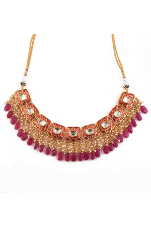 Kundan Inspired Mahroon Enameled Necklace Sets With Maang Tikka (FEMBD006)