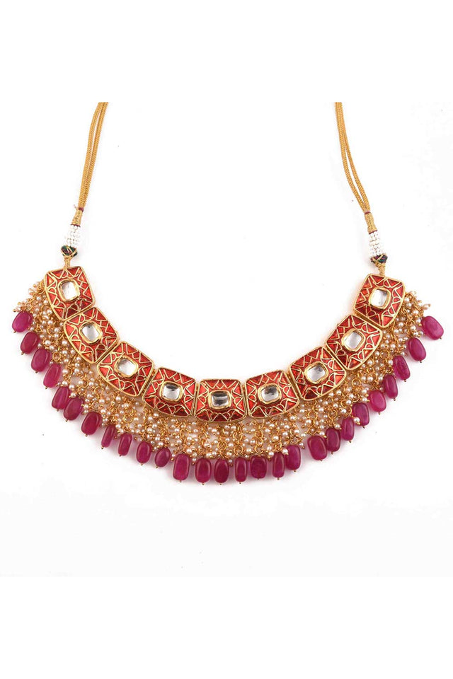 Kundan Inspired Mahroon Enameled Necklace Sets With Maang Tikka (FEMBD006)