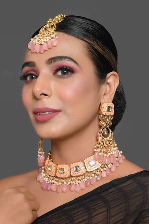 Handcrafted Kundan Peach Enameled Necklace Sets With Maang Tikka (FEMBD007)