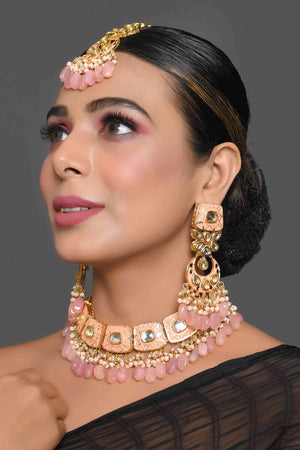 Handcrafted Kundan Peach Enameled Necklace Sets With Maang Tikka (FEMBD007)