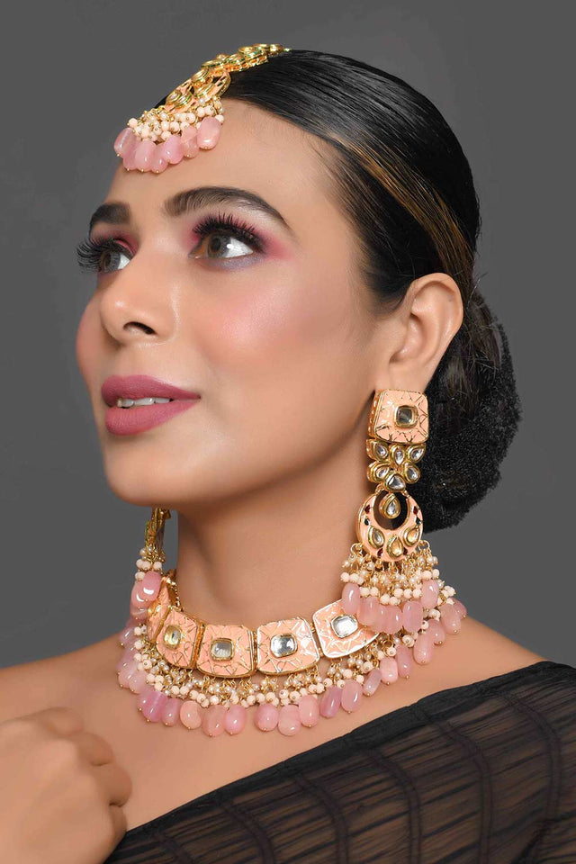 Handcrafted Kundan Peach Enameled Necklace Sets With Maang Tikka (FEMBD007)