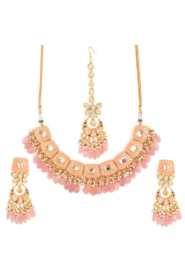 Handcrafted Kundan Peach Enameled Necklace Sets With Maang Tikka (FEMBD007)