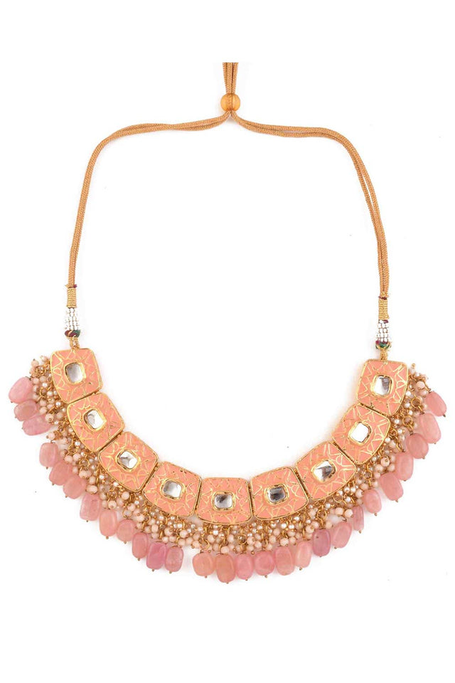 Handcrafted Kundan Peach Enameled Necklace Sets With Maang Tikka (FEMBD007)