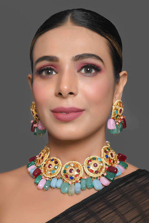 Navratan Kundan Inspired Necklace With Earrings (FEMBD008)