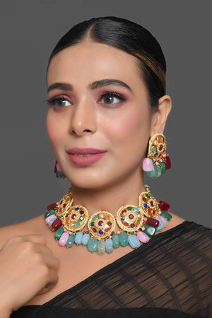 Navratan Kundan Inspired Necklace With Earrings (FEMBD008)