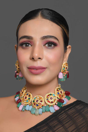 Navratan Kundan Inspired Necklace With Earrings (FEMBD008)