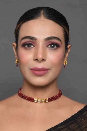 Mahroon Beaded Gold Toned Kundan Inspired Choker With Earrings (FEMBD010)