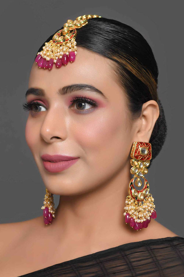 Kundan Inspired Mahroon Enameled Earrings With Maangtikka (FEMBD017)