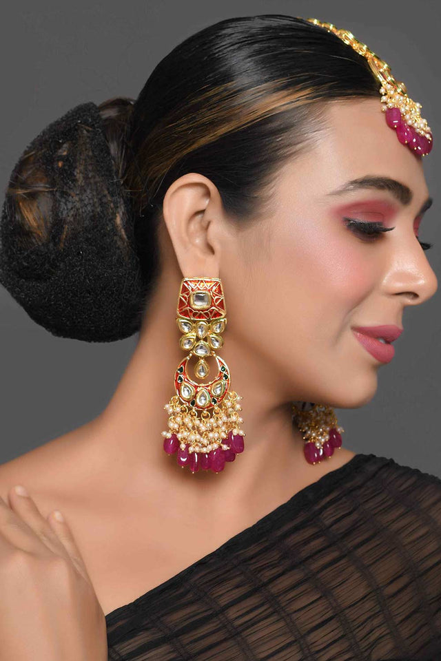 Kundan Inspired Mahroon Enameled Earrings With Maangtikka (FEMBD017)