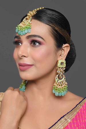Green Enameled Kundan Earrings With Maangtikka (FEMBD018)