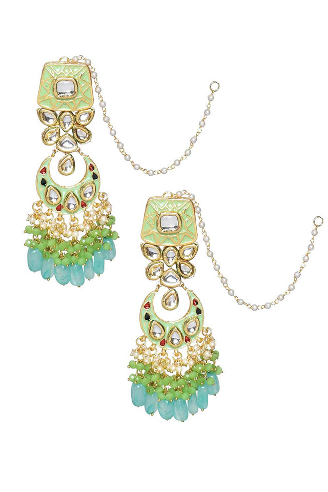 Green Enameled Kundan Earrings With Maangtikka (FEMBD018)