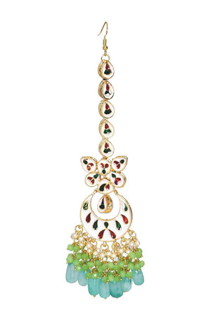 Green Enameled Kundan Earrings With Maangtikka (FEMBD018)