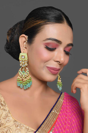 Gold Toned Green Kundan Studded & Enameled Handcrafted Earrings (FEMBD021)
