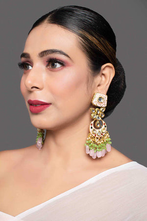 Gold Toned Pink Green Beaded Kundan Studded & Enameled Handcrafted Earrings