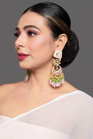 Gold Toned Pink Green Beaded Kundan Studded & Enameled Handcrafted Earrings