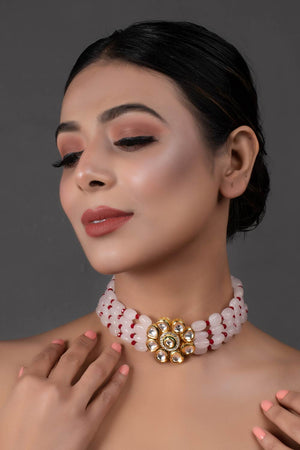 Pastel Pink Mahroon Beaded Gold Tone Kundan Inspired Choker (FEMCH006)