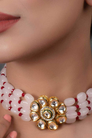 Pastel Pink Mahroon Beaded Gold Tone Kundan Inspired Choker (FEMCH006)