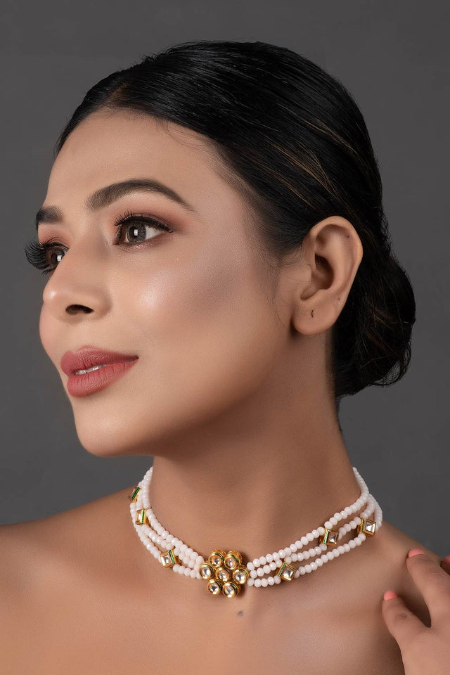 White Gold Tone Kundan Onyx Choker (FEMCH007)