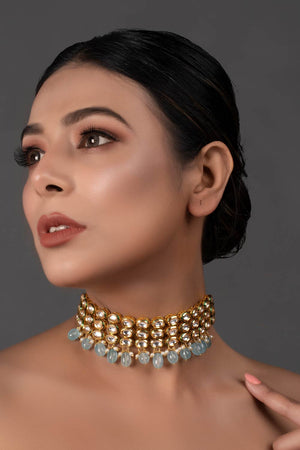 Blue Gold Tone Kundan Beaded Choker Necklace (FEMCH008)
