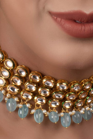 Blue Gold Tone Kundan Beaded Choker Necklace (FEMCH008)