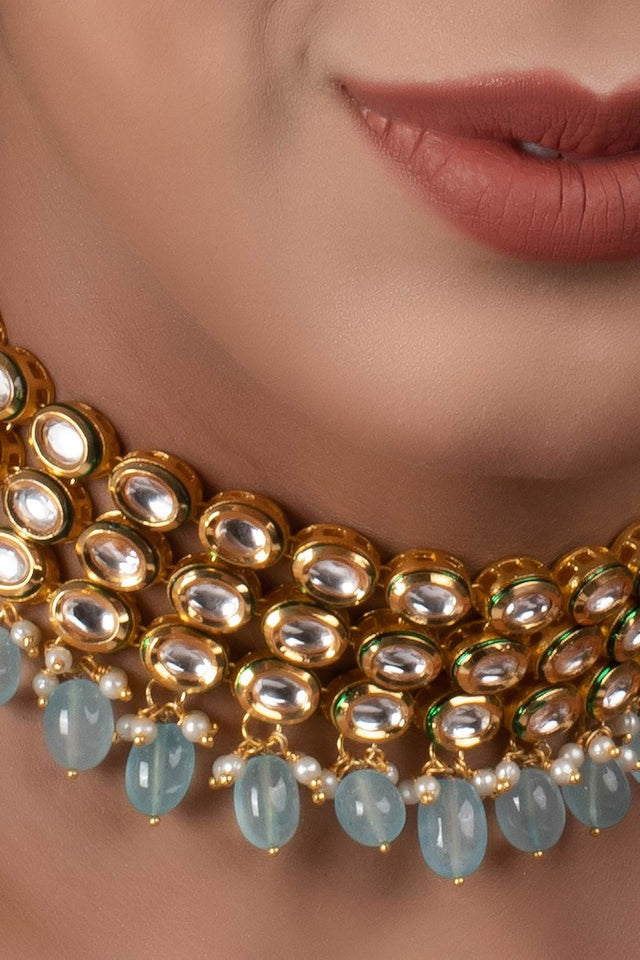 Blue Gold Tone Kundan Beaded Choker Necklace (FEMCH008)