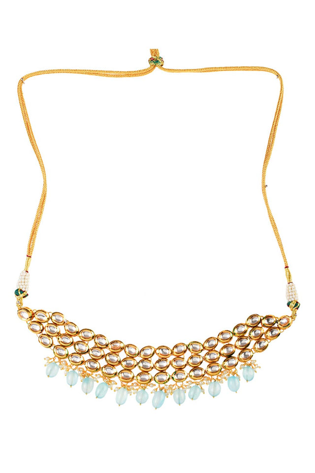 Blue Gold Tone Kundan Beaded Choker Necklace (FEMCH008)