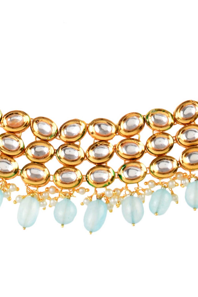Blue Gold Tone Kundan Beaded Choker Necklace (FEMCH008)