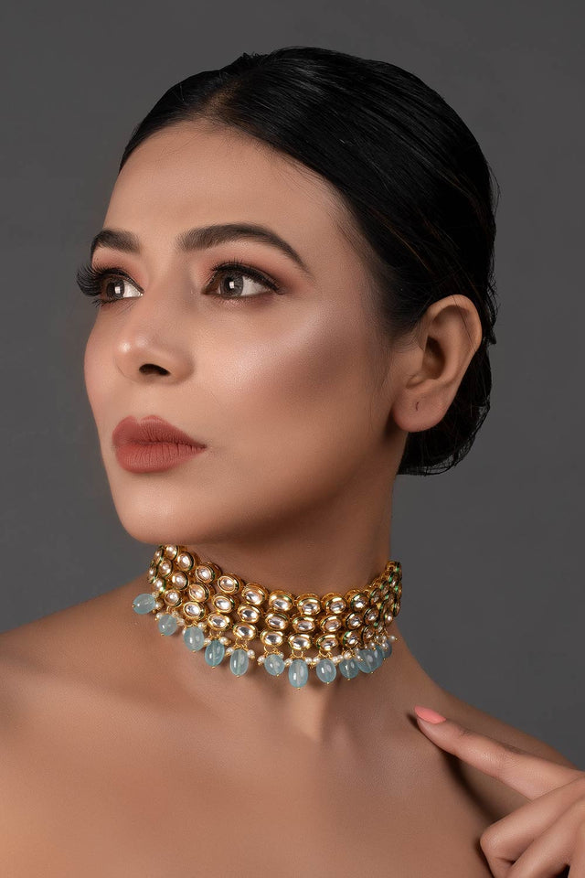 Blue Gold Tone Kundan Beaded Choker Necklace (FEMCH008)