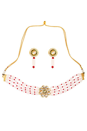 Pink Mahroon Beaded Gold Tone Necklace With Earrings