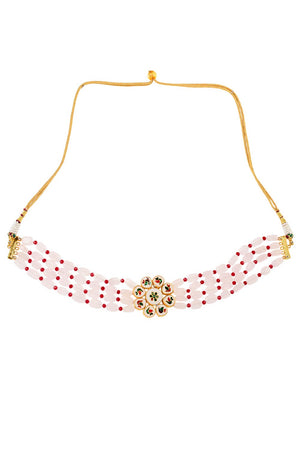 Pink Mahroon Beaded Gold Tone Necklace With Earrings