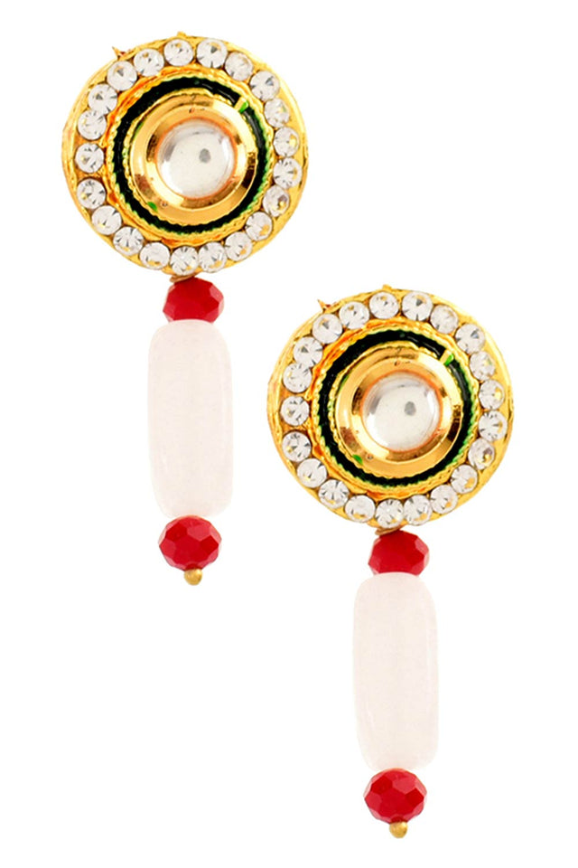 Pink Mahroon Beaded Gold Tone Necklace With Earrings