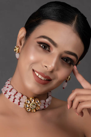 Pink Mahroon Beaded Gold Tone Necklace With Earrings