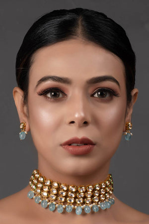Blue Gold Tone Kundan Beaded Choker Necklace With Earrings (FEMCHS005)