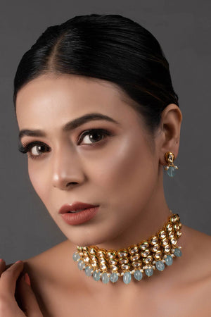 Blue Gold Tone Kundan Beaded Choker Necklace With Earrings (FEMCHS005)