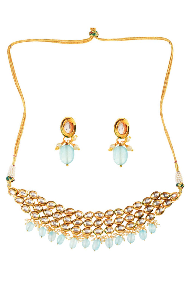Blue Gold Tone Kundan Beaded Choker Necklace With Earrings (FEMCHS005)