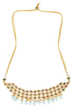 Blue Gold Tone Kundan Beaded Choker Necklace With Earrings (FEMCHS005)