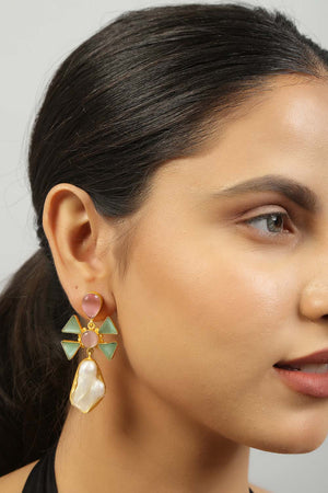 Pink Green Mona Lisa Stone And Baroque Pearl Earrings (FEMCJ006)